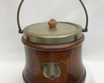 Antique Oak Biscuit Barrel, Ice Bucket with Porcelain Inner