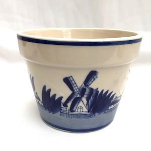 Vintage Hand Painted Windmill Blue and White Ceramic Planter Jardiniere