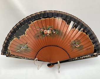Early/Mid Century Vintage English Hand Painted Hand Fan. Signed