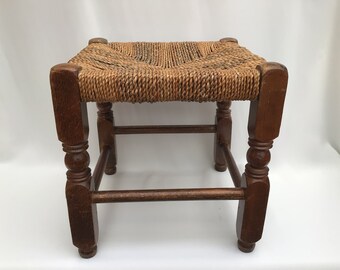 Antique Vintage English Oak Woven Footstool, Footrest