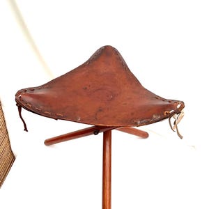Vintage Hand Tooled Leather Tripod Stool: Mid Century Modern Fishing Stool