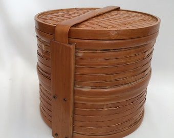 Vintage Chinese Bamboo Wicker Two Tier Basket, Sewing Basket