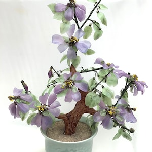 Large Vintage Chinese Handmade Glass Bonsai Flower Tree Ornament in Celadon Pot. H. 52cm