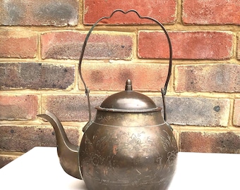 Antique Engraved Solid Metal Kettle.  W. 19cm