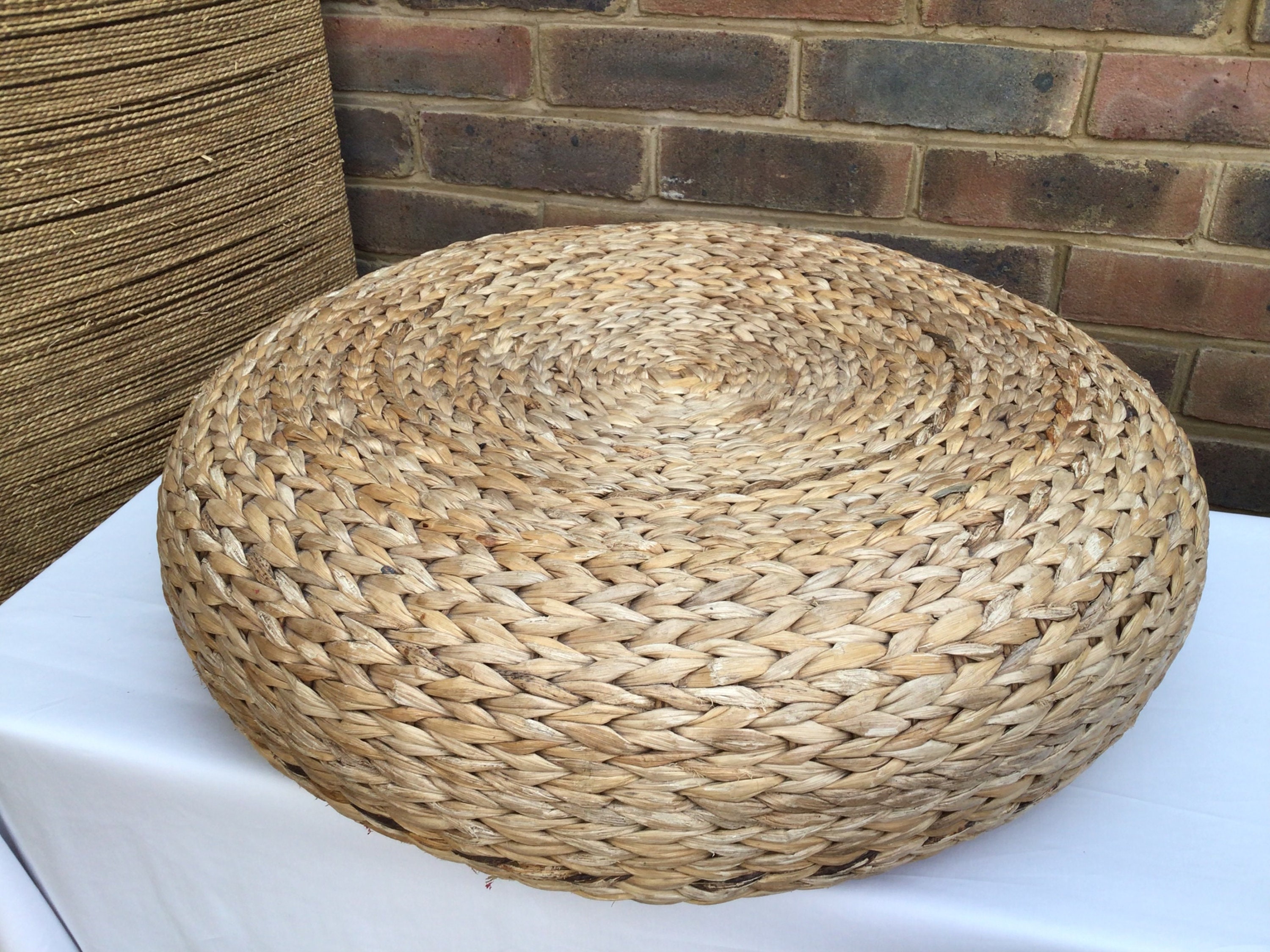 Large Vintage Yoga Mat, Woven Rattan Round Yoga Mat, Lower Seat, Footrest, Stool. Diameter. 60cm