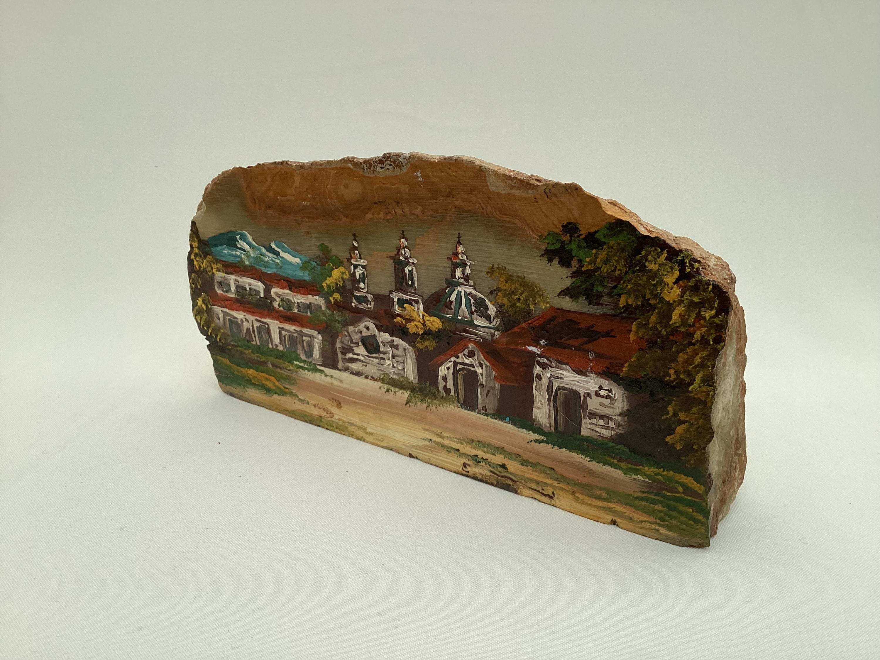 Hand Painted On Nature Stone Ornate Rock Display Plaque. L. 25 cm.