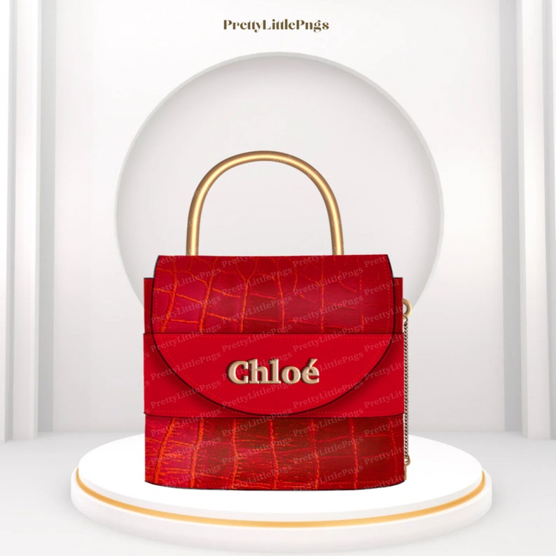 May include: A red leather handbag with a gold handle and a gold chain strap. The bag has a flap with the word "Chlo&eacute;" embossed in gold letters.