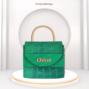 May include: A green leather handbag with a gold top handle and a gold chain strap. The bag has a gold metal plaque with the word "Chlo&eacute;" on it.