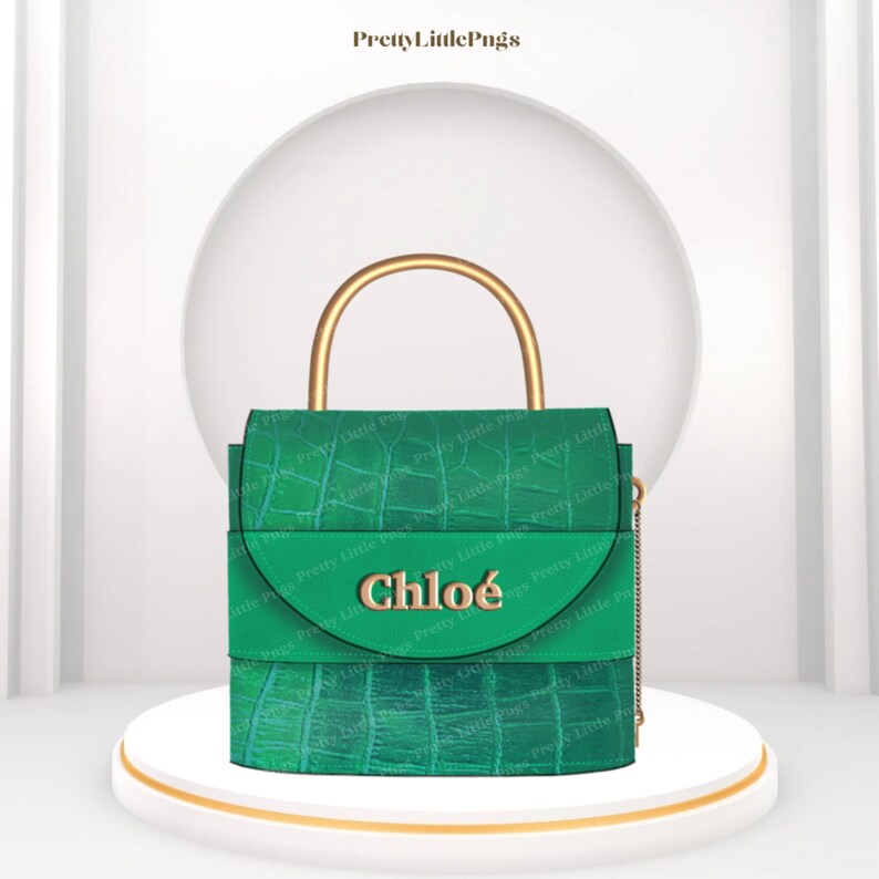 May include: A green leather handbag with a gold top handle and a gold chain strap. The bag has a gold metal plaque with the word "Chlo&eacute;" on it.