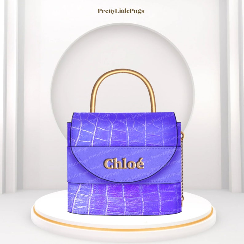 May include: A purple handbag with a gold handle and a gold chain strap. The bag has a crocodile-embossed texture and the word "Chlo&eacute;" is embossed on the front.