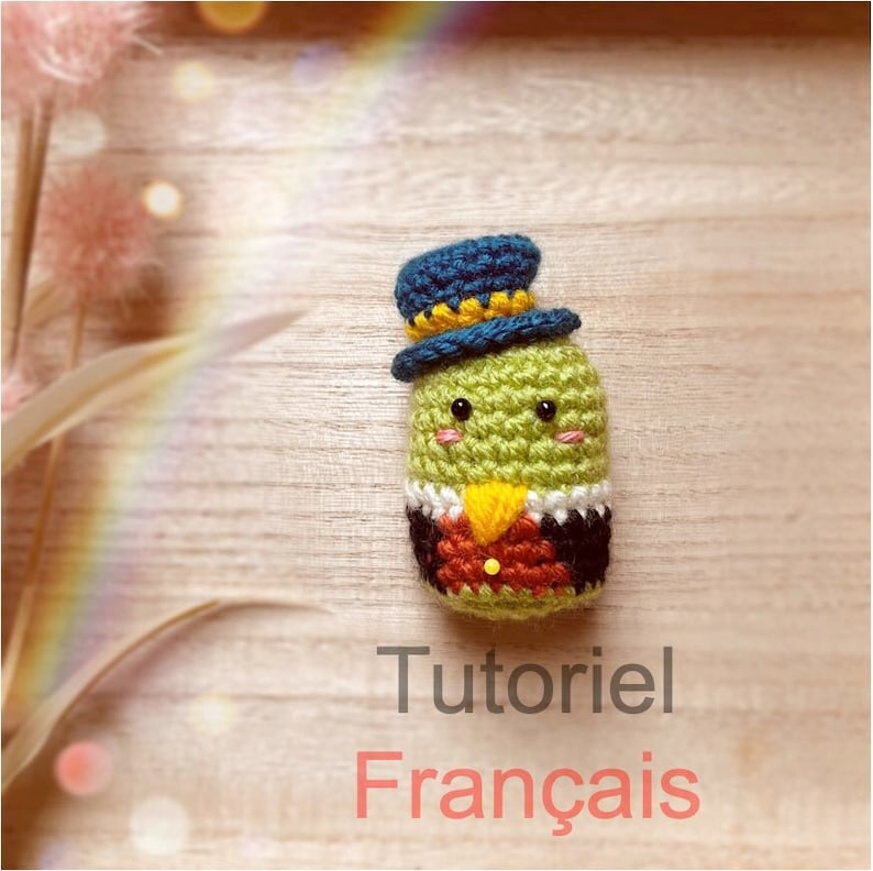 Puede incluir: Una figura hecha a mano, de ganchillo, con forma de huevo, verde y amarillo, que lleva un sombrero de copa azul y amarillo y un chaleco rojo. La figura tiene una cara sonriente con mejillas rosadas. Las palabras "Tutoriel Fran&ccedil;ais" est&aacute;n escritas debajo.