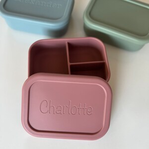 Puede incluir: Dos fiambreras de silicona, una azul con el nombre "Alexander" y otra rosa con el nombre "Charlotte" y un compartimento dividido.