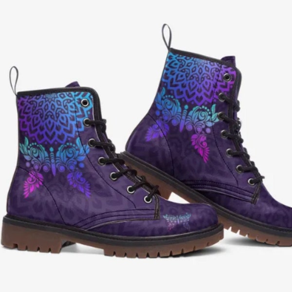 Butterfly Henna Purple Combat Boots | Vegan Leather Comfortable Lace up Boots