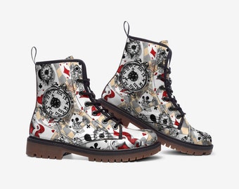 Alice im Wunderland inspiriert Kampfstiefel | Vegan Leder Schnürstiefel | Wanderschuhe