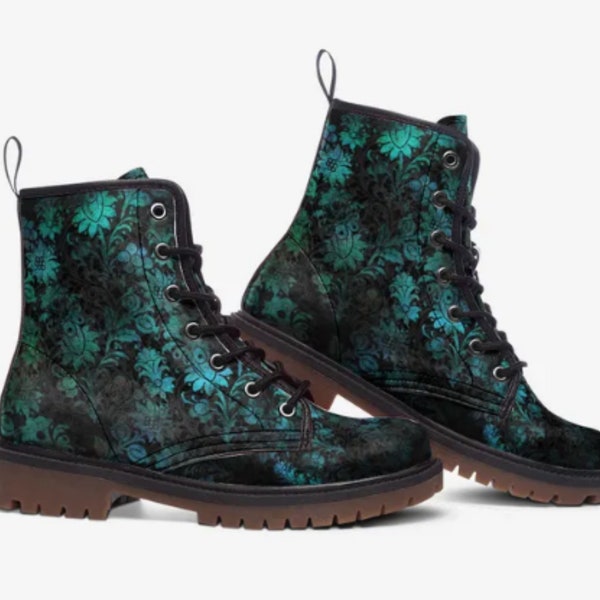 Bottes de combat en cuir végétalien haut de gamme à fleurs de la jungle turquoise