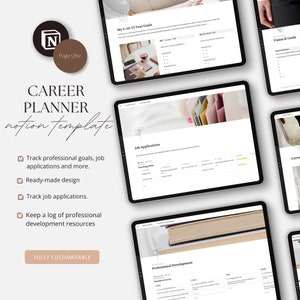 Puede incluir: Plantilla digital de Notion para planificador de carrera que se muestra en varias tabletas. La plantilla incluye secciones para objetivos, solicitudes de empleo y desarrollo profesional. El diseño es prefabricado y totalmente personalizable.