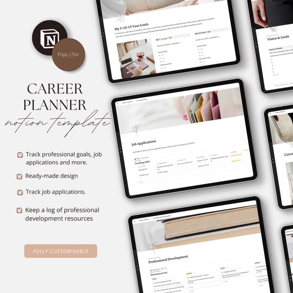 Modèle de planificateur de carrière Notion // Suivi des demandes d’emploi, modèle de candidature Notion, Job Tracker, modèle de plan de développement de carrière Notion