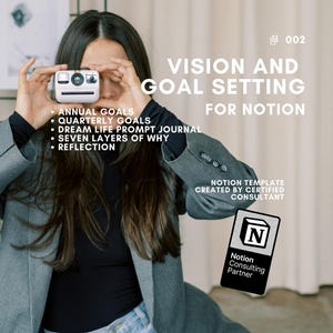 Könnte beinhalten: Eine Person hält eine weiße Sofortbildkamera mit dem Text "VISION AND GOAL SETTING FOR NOTION". Das Bild enthält eine Liste von Zielen und ein Logo des Notion Consulting Partners. Die Person trägt einen grauen Blazer.