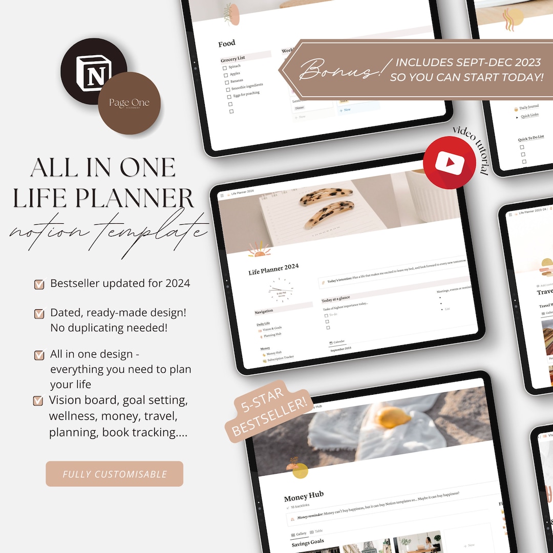 Notion All in One Life Planner // 2024 Notion Template, Life Planner ...