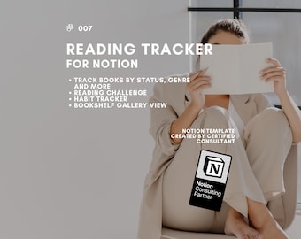 May include: A person holding a book, with text that reads "READING TRACKER FOR NOTION". The text also lists features like tracking books by status and genre, reading challenges, habit tracking, and bookshelf gallery view. A Notion Consulting Partner logo is visible.