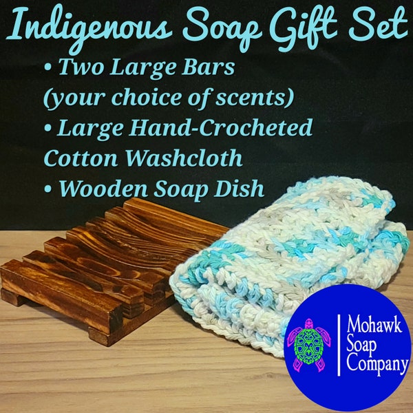 Indigenous Soap Gift Set | Two Large Bars, Large Crocheted Washcloth and Wooden Soap Dish | Waste Free | Mohawk Soap Company