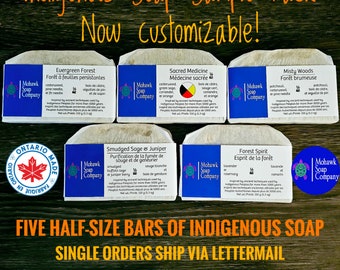 Pack d'échantillons de savon indigène | Cinq demi-barres de savon indigène | Végétalien | Fabrication autochtone | Sans déchets | Mohawk Soap Company