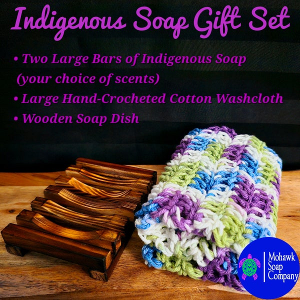 Indigenous Soap Gift Set | Two Large Bars, Large Crocheted Washcloth and Wooden Soap Dish | Waste Free | Mohawk Soap Company