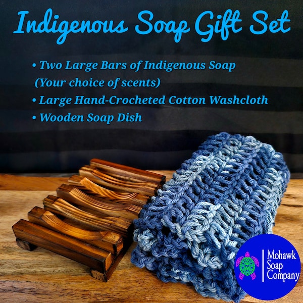 Indigenous Soap Gift Set | Two Large Bars, Large Crocheted Washcloth and Wooden Soap Dish | Waste Free | Mohawk Soap Company