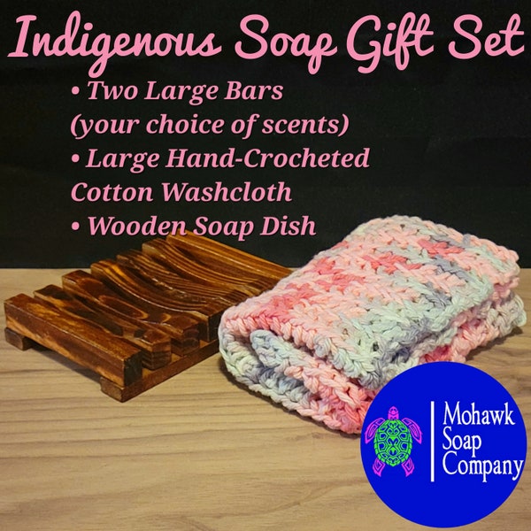 Indigenous Soap Gift Set | Two Large Bars, Large Crocheted Washcloth and Wooden Soap Dish | Waste Free | Mohawk Soap Company