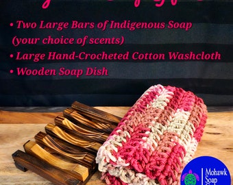 Indigenous Soap Gift Set | Two Large Bars, Large Crocheted Washcloth and Wooden Soap Dish | Waste Free | Mohawk Soap Company