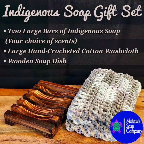 Indigenous Soap Gift Set | Two Large Bars, Large Crocheted Washcloth and Wooden Soap Dish | Waste Free | Mohawk Soap Company