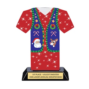 Ugly Christmas Sweater Trophy - Tacky Red Sweater Party Award - Custom Engraving - 7 Inches Tall