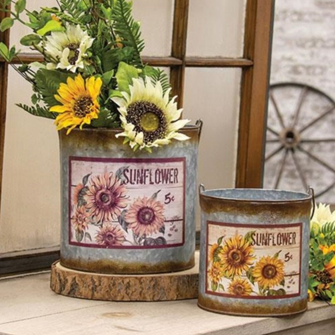2/set Distressed Galvanized Sunflower Buckets Housewarming Etsy