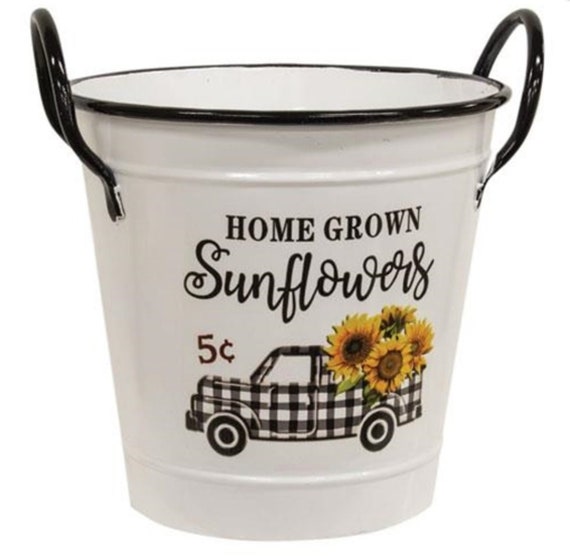 Home Grown Sunflowers White Metal Bucket Housewarming Gift Etsy