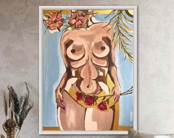 Corps de femme bohème avec fleurs Déco murale 60x80 cm | Peinture acrylique abstraite beige | Peinture originale sur toile | Art Moderne Féminin Sans Visage