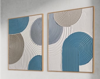 Ensemble de 2 oeuvres d'art murales cercles bleus | Décoration murale 3D en plâtre | uvres d'art texturées bohème beige mat | Design d'intérieur | Peintures abstraites de structure