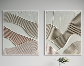 Lot de 2 oeuvres d'art GAJA pastel | Art en plâtre | Art mural texturé beige | Peintures abstraites de structure 3D | Décoration d'intérieur bohème