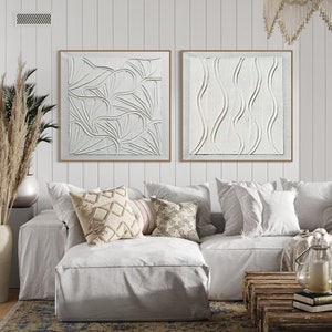 White Leaf Plaster Wall Art Set | Textured Gypsum Paintings