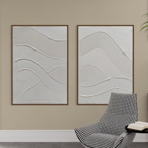 Lignes Ensemble minimaliste de 2 art mural Art du plâtre Art mural 3D texturé blanc mat Art mural Spackle Peinture abstraite de structure image 1