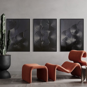 Black Curly Minimalist Trio | Plaster Artworks | Large Textured Wall Art Set of 3 | Structure Abstract Painting | Gypsum Interior Decoration