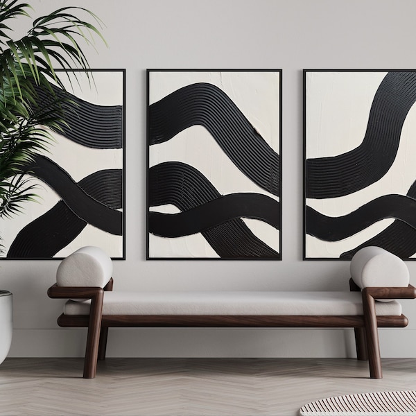 Schwarze Schlangen Trio Wandkunst | Minimalistische Mattweiße Texturierte Wandkunst 3er Set | Struktur Abstrakte Malerei | 3D Kunst