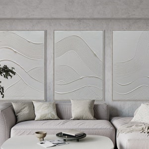 Minimalist Lines Trio Artworks| Interior Decor | White Textured Wall Art Set of 3 | Plaster Structure Abstract Painting | 3D Home Decoration