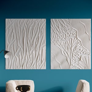 Seeblumen Weiß Minimalistische Wandkunst 2er Set Gips Kunstwerke Matte Strukturierte Struktur Abstrakte Gemälde Wohndekor Großes Wandbild Bild 2