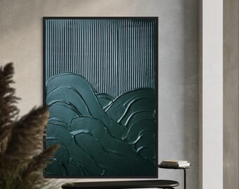 Art mural minimaliste grand vert émeraude WAVES | Art du plâtre | Art mural texturé mat | Spackle Art | Structure Peinture Abstraite | Art 3D