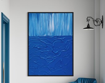 Grand art mural minimaliste Blue OCEAN | Art du plâtre | Art mural texturé moderne | Art de spackle | Peinture abstraite de structure | Art mural 3D