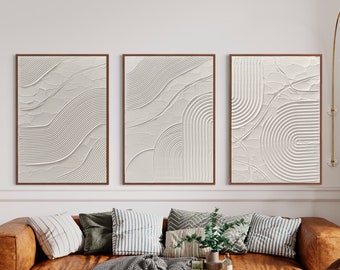 Minimalistische kunst aan de muur | Gipskunst | Matwit Getextureerde Wanddecoratie Set van 3 | Spackle-kunstwerk | Structuur abstracte schilderkunst | 3D kunst aan de muur