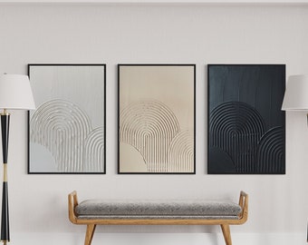 ZEN Bögen Minimalistische Gips Kunst| schwarz weiß beige Texturierte Wandbilder 3er Set | Spackle Kunstwerk | Struktur Abstrakte Malerei | 3D Kunst