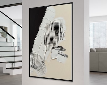 Art mural texturé abstrait en noir et blanc | Art du plâtre |  Décor mural 3D moderne | Spackle Wall Art | Structure Peinture sur toile