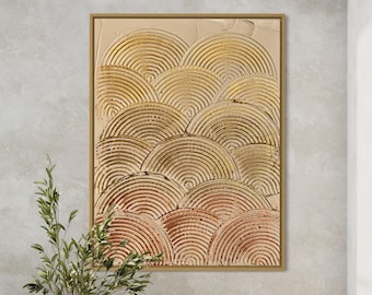 Golden Metallic Shells Wall Art | Plaster Art |  Minimalist Beige Textured 3D Spackle Art | Structure Abstract Painting | Mural | Home Decor