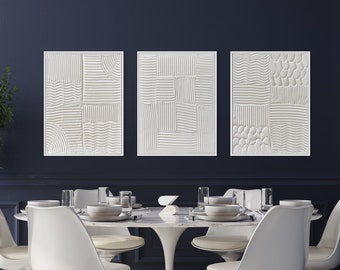 Minimalist Wall Art Set of 3 | Plaster Art | Matte white Textured Wall Art | Spackle Artwork | Structure Abstract Painting | 3D Wall Art